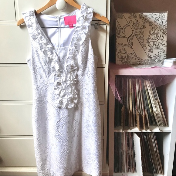 Lilly Pulitzer Dresses & Skirts - Lilly Pulitzer Kiera Dress White Lace Ruffle Solid Shift Sundress Pearl Bride 4